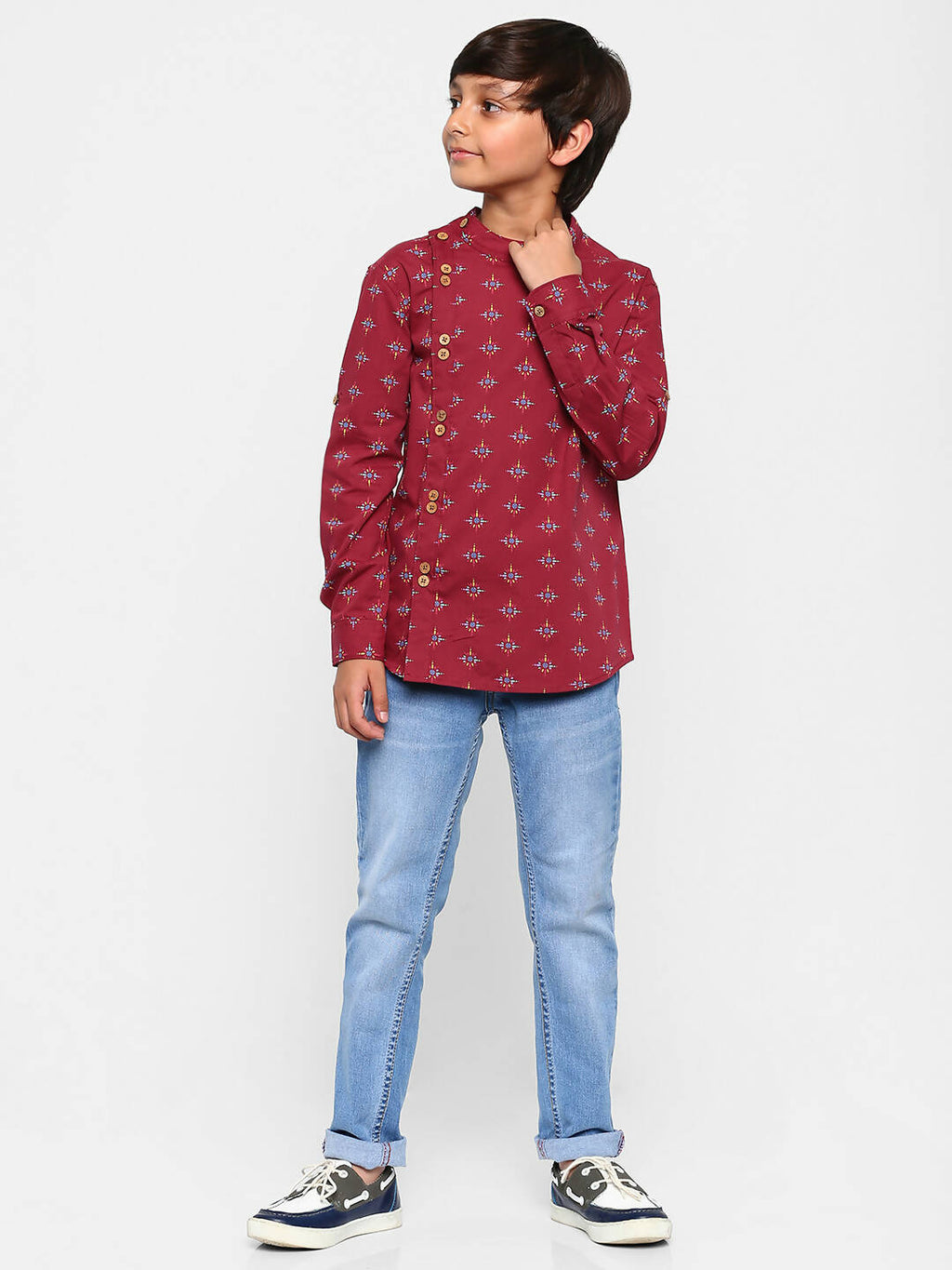 Manet Ethnic Full Sleeves Printed Shirt - Maroon