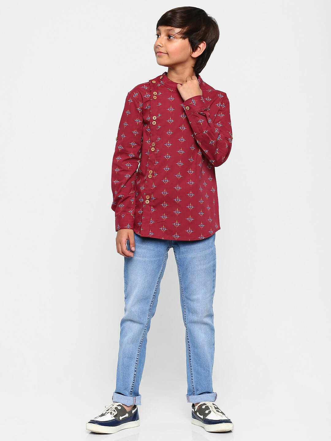 Manet Ethnic Full Sleeves Printed Shirt - Maroon