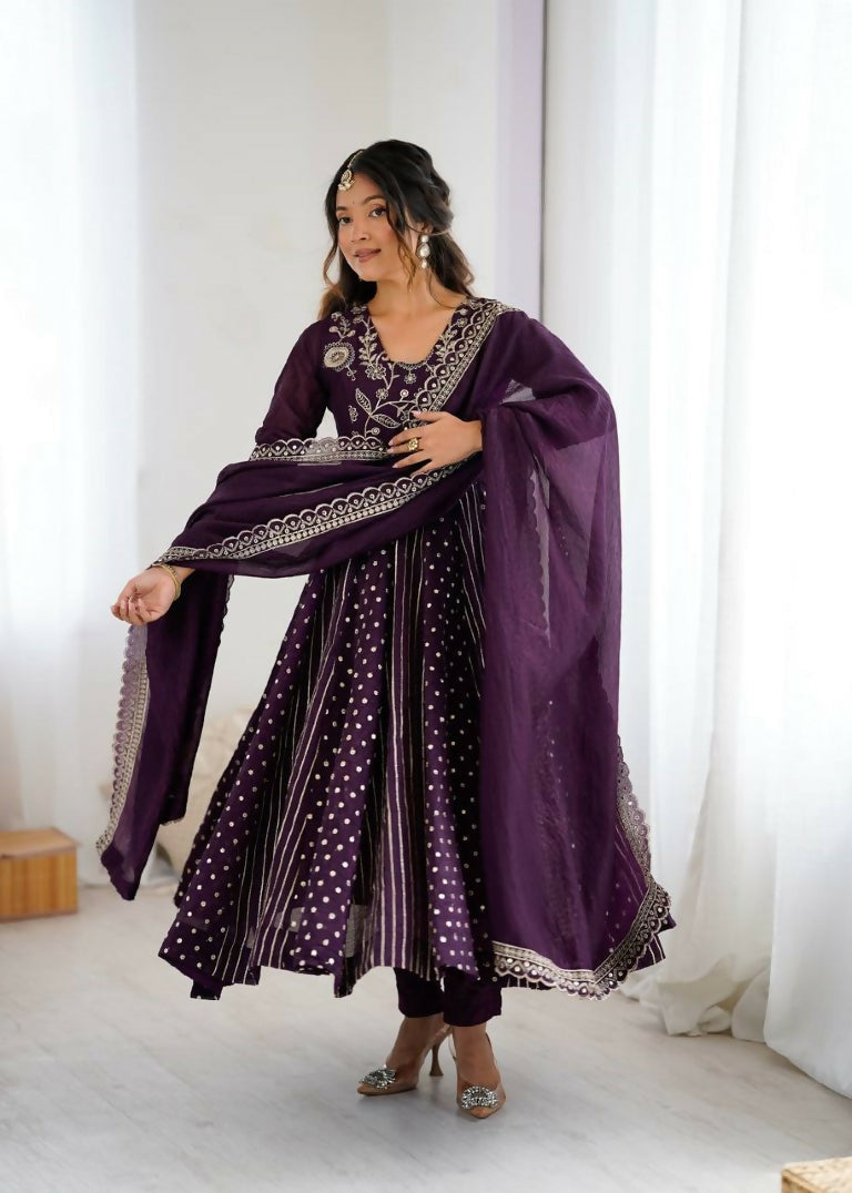 Teeya Creation Violet Color Heavy Crunchy Silk Embroidery Work Gown - Distacart