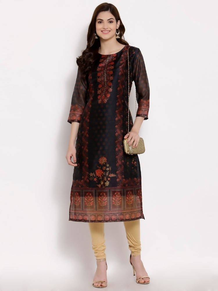 Myshka Women's Multi Chanderi Silk 3/4 Sleeve Round Neck Printed Casual kurta
