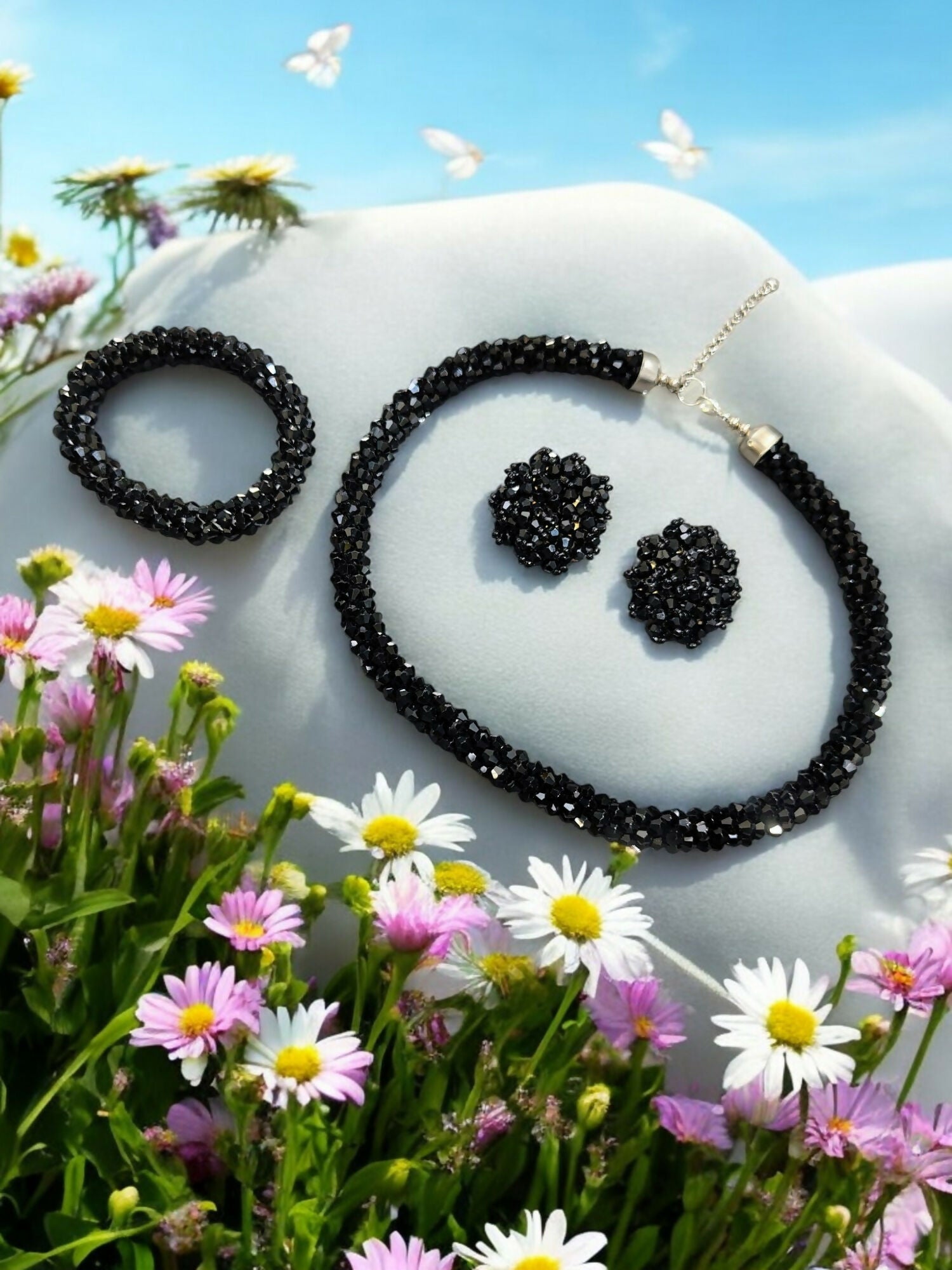 Inhanns Complete Look Crystal Statement 3-Piece Set (Adjustable Necklace + Earrings + Adjustable Bangle ) - Black