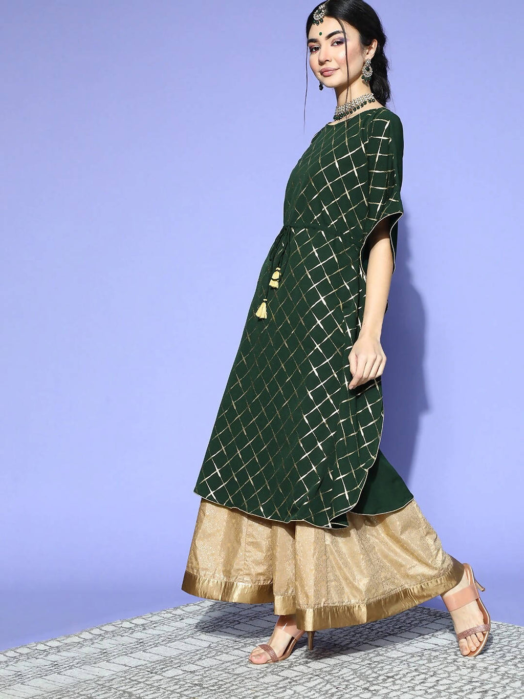 Janasya Green Checked New Age Kaftan Kurta - Distacart