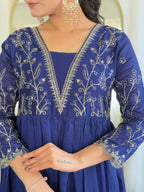 The52 Blue Women's Beautiful Embroidered Vichitra Silk Fabric with Flared Kurta, Pant and Dupatta Set - Distacart