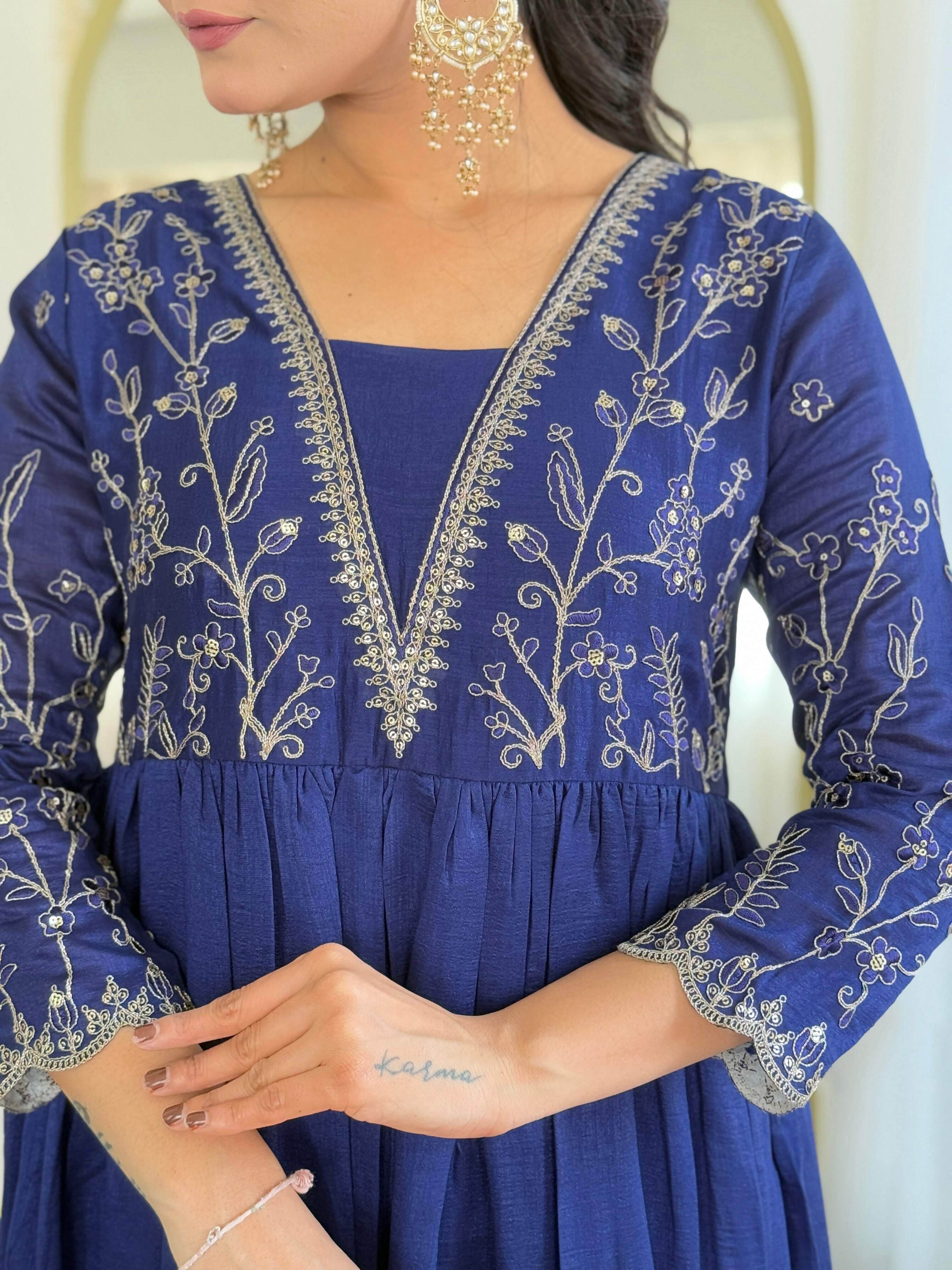 The52 Blue Women's Beautiful Embroidered Vichitra Silk Fabric with Flared Kurta, Pant and Dupatta Set - Distacart