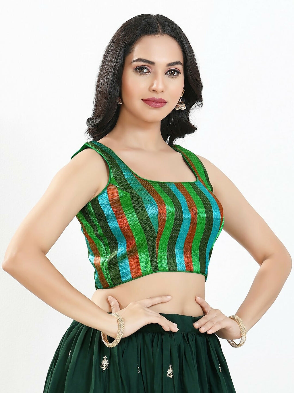 Joban Fashion Green Multi Brocade Padded Blouse With Square Neck Sleeveless - Distacart