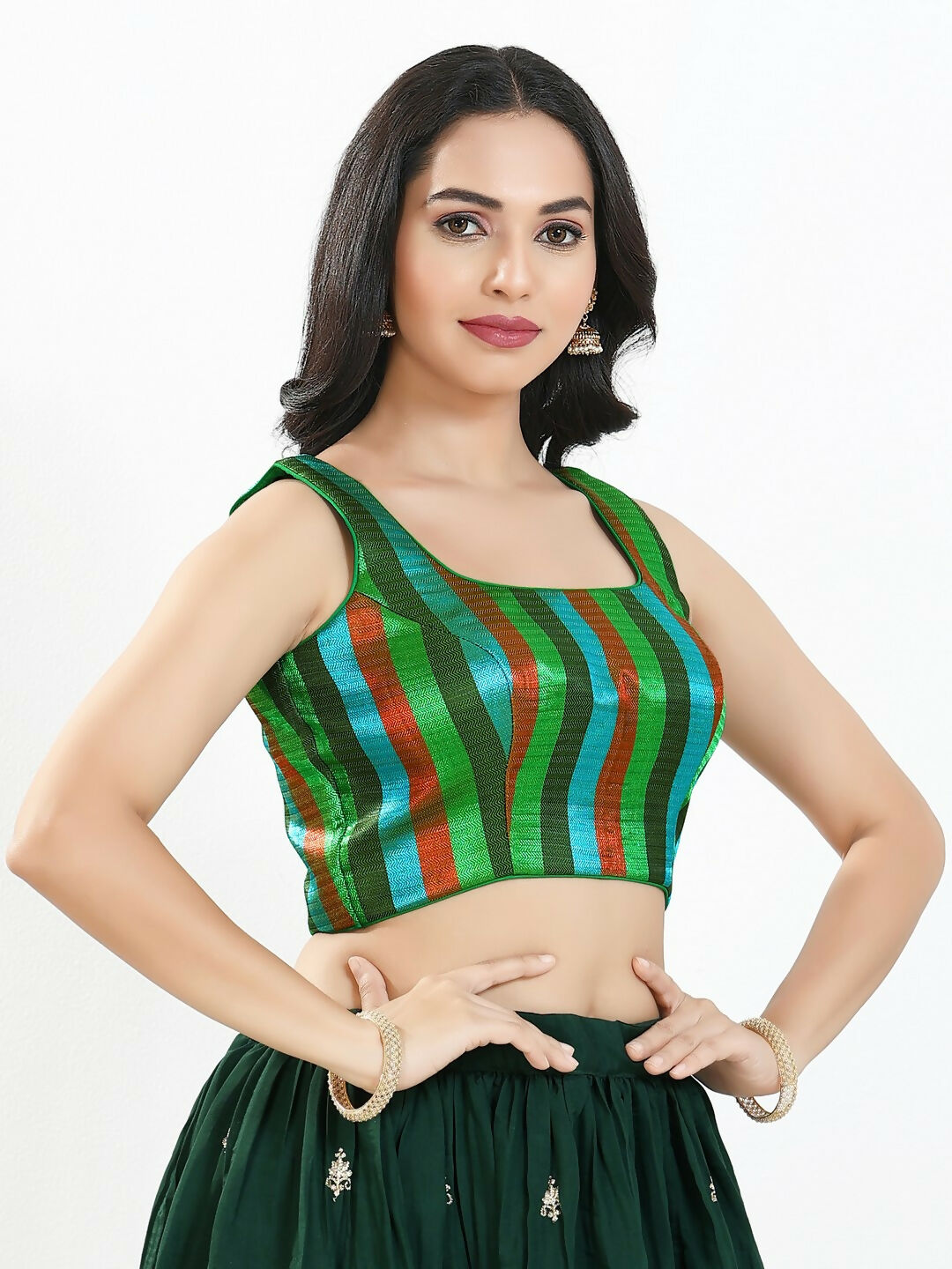Joban Fashion Green Multi Brocade Padded Blouse With Square Neck Sleeveless - Distacart