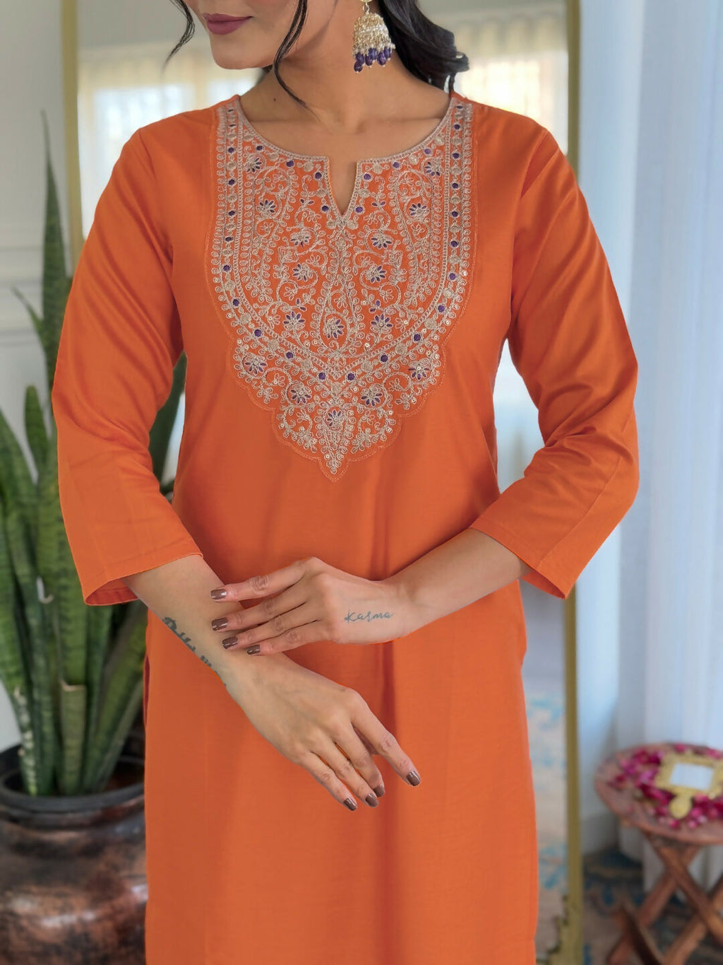 The52 Orange Women's Gorgeous Embroidered Rayon Fabric with Straight Kurta, Pant and Dupatta Set - Distacart