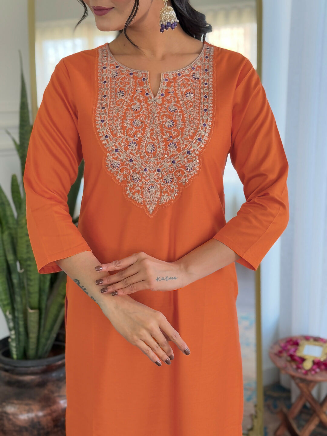 The52 Orange Women's Gorgeous Embroidered Rayon Fabric with Straight Kurta, Pant and Dupatta Set - Distacart