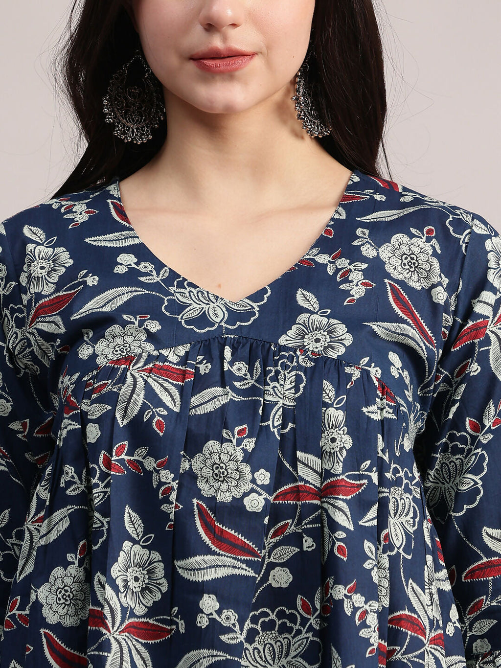 Aavyora Women's Navy Blue Cotton Tunic with Red and White Floral Print, Pin-Tuck Detailing, and Flared Sleeves