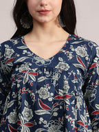 Aavyora Women's Navy Blue Cotton Tunic with Red and White Floral Print, Pin-Tuck Detailing, and Flared Sleeves