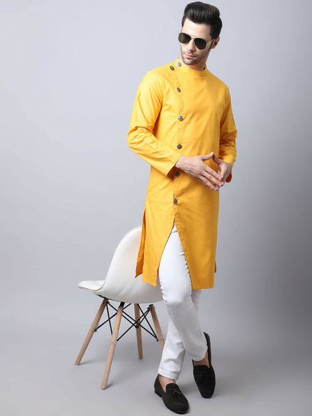 Even Apparels Yellow Pure Cotton Sherwani Kurta With Asymetrical Cut