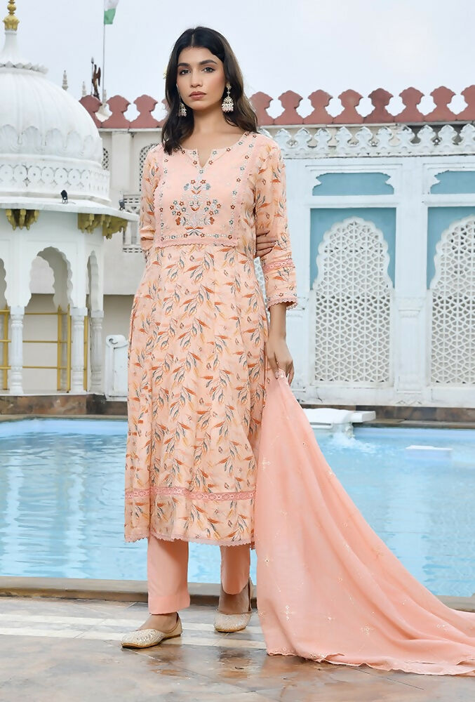 Vaasva Women's Peach Cotton Anarkali Set With Solid Pant And Embroidered Dupatta