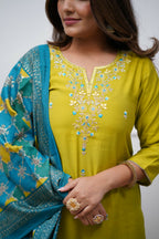 The52 Lemon Beautiful Embroidered Viscose Chanderi Fabric Straight Kurta Pant with Dupatta Set - Distacart