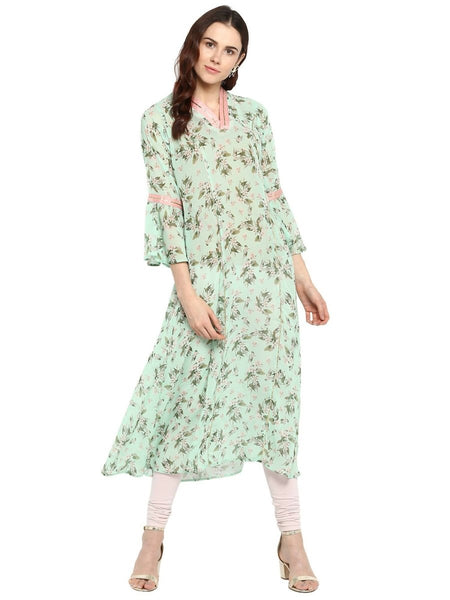 Ahalyaa Women's Yellow Geogette Digital Print Kurta