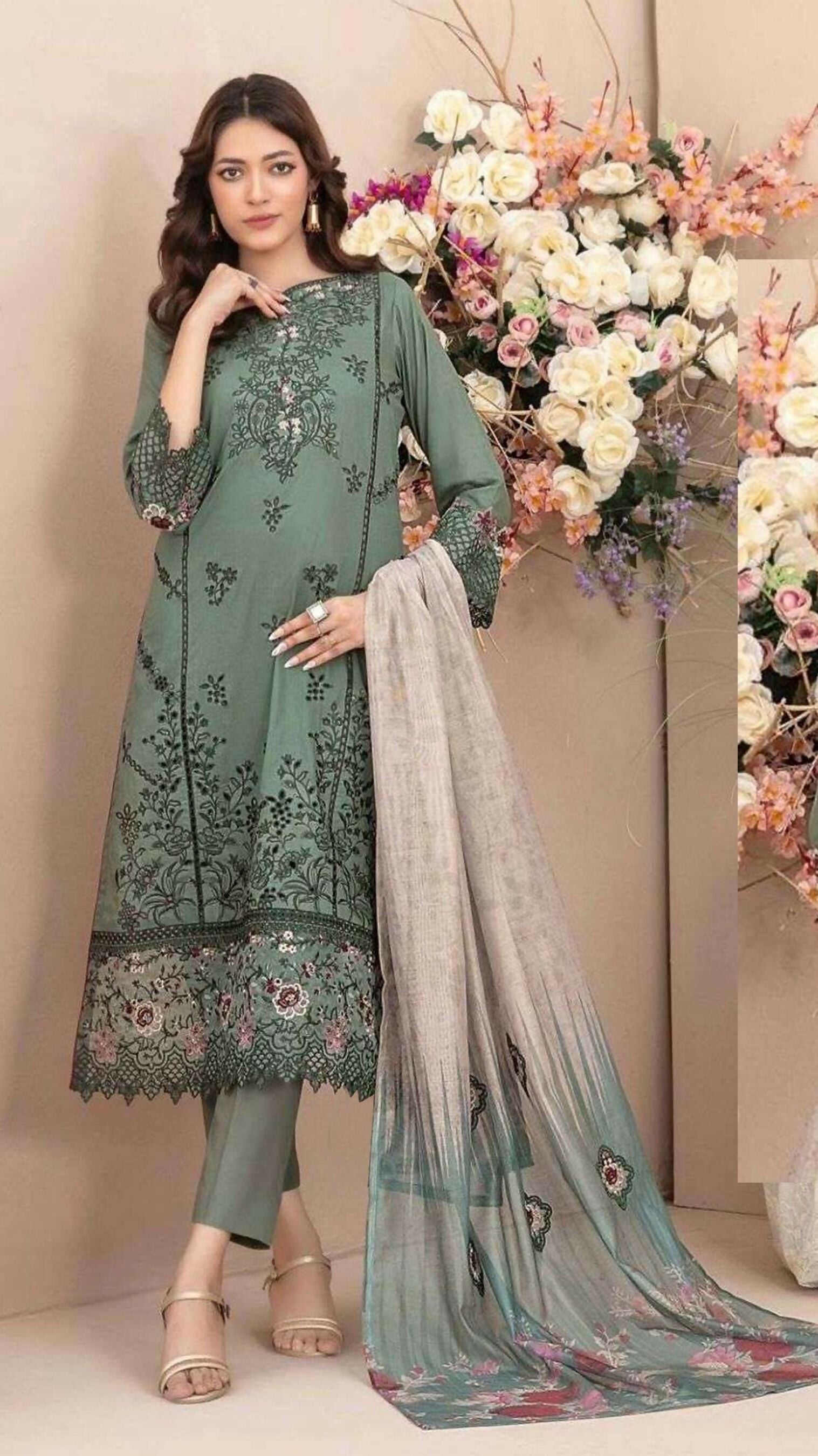 Anaita D Green Cambric Cotton Stitched Suit with Embroidery & Sequence Work - Distacart