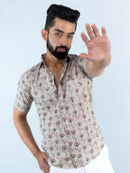 Miravan Men's Floral Printed Half Sleeve Spread Collar Ethnic Motifs Beige Slim Fit Shirt