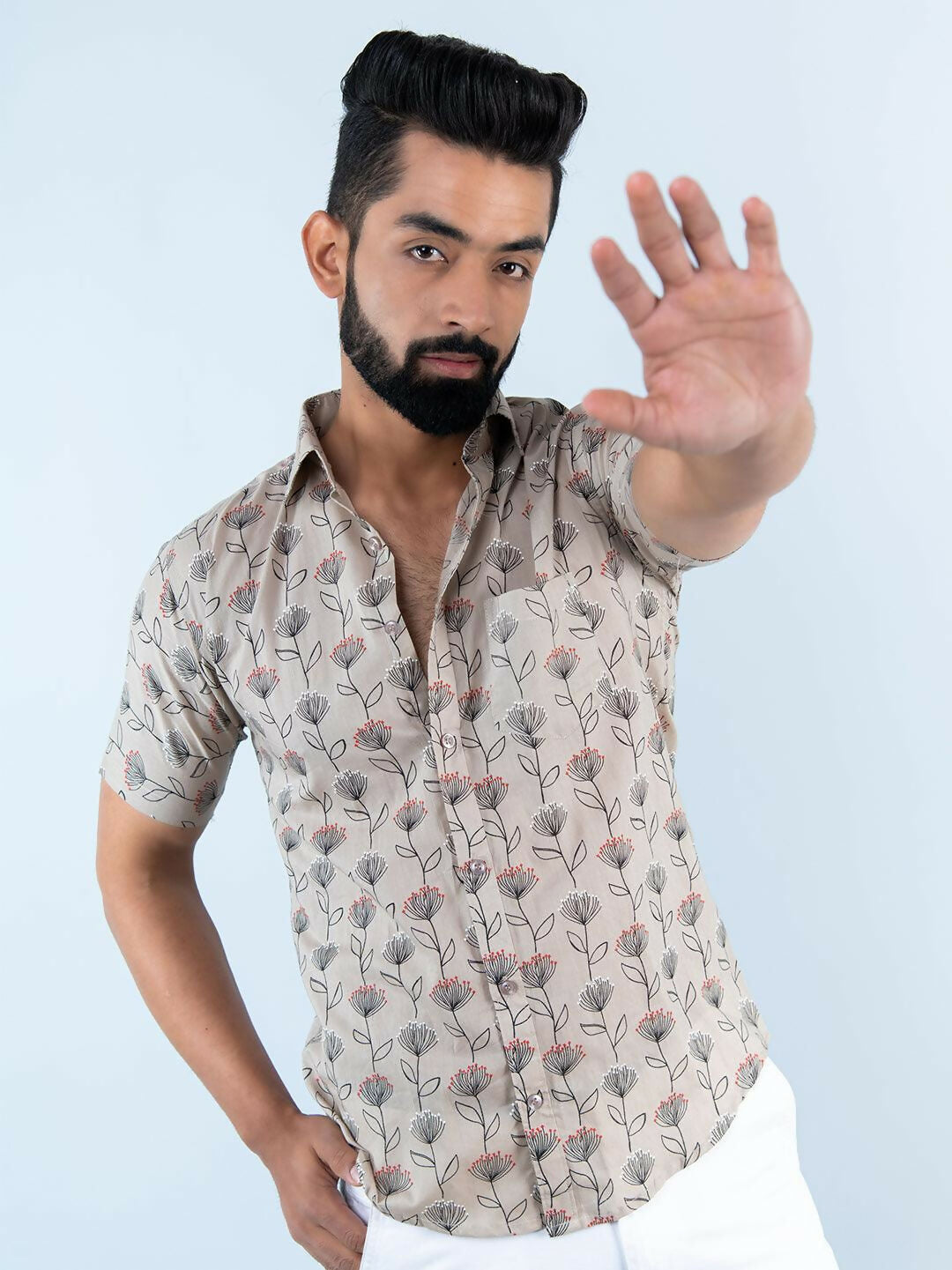 Miravan Men's Floral Printed Half Sleeve Spread Collar Ethnic Motifs Beige Slim Fit Shirt