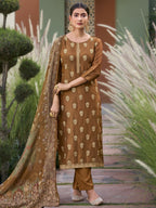 Jyoti Fashion Women's Brown Pure Silk Elegant Jacquard Woven Kurta with Trouser & Dupatta