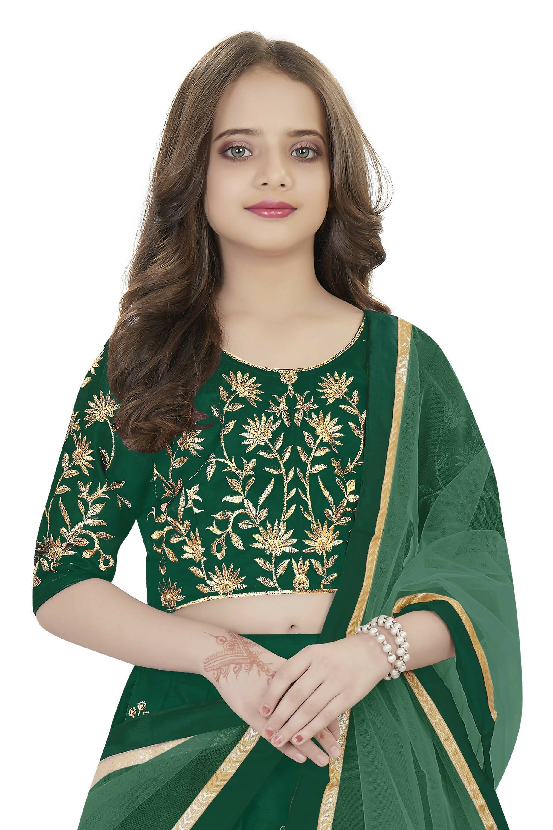 Dwiden Green Rohini Tafetta Sattin Semi-Stitched Girl's Lehenga Choli