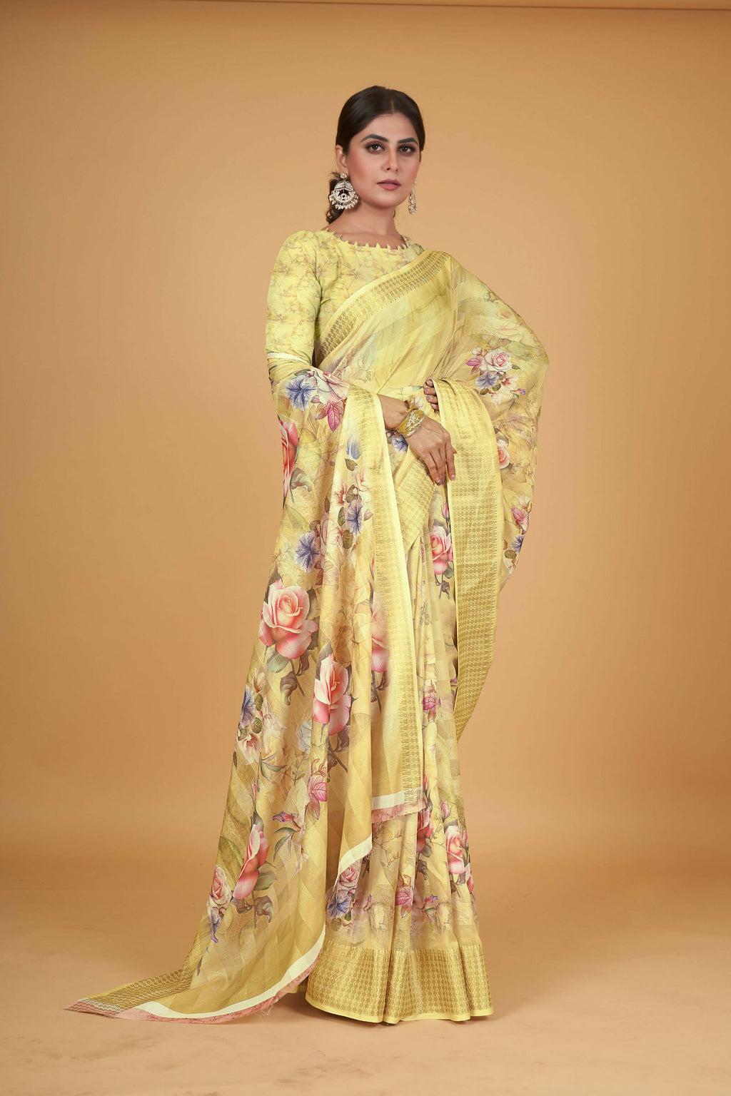 Yellow Cotton Silk Digital Printed Saree With Unstitched Blouse Piece - Alisha