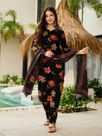 The52 Black Women's Gorgeous Printed Silk Blend Fabric Straight Kurta, Pant and Dupatta Set - Distacart