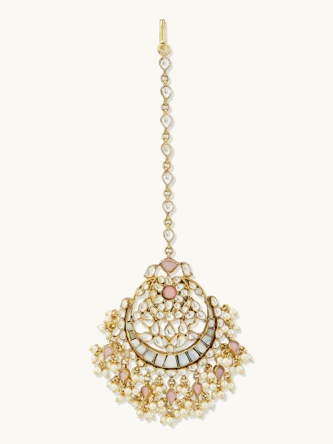 Nuyug 22K Gold-Plated Pearls & Pink Kundan Studded Statement Maang Tikka Head Jewellery - Distacart