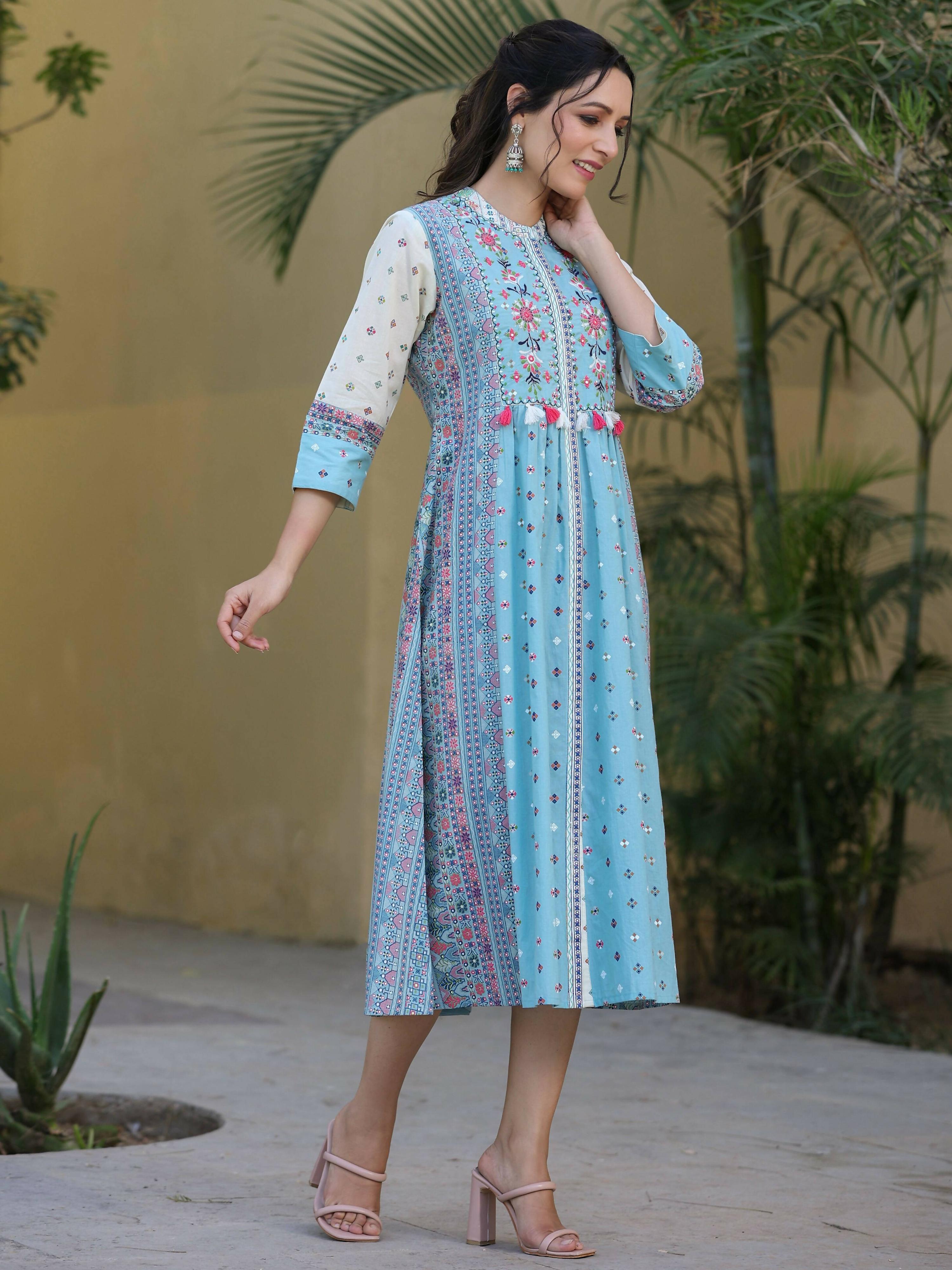 Juniper Women's Skyblue Cambric Printed Flared Dress - Distacart