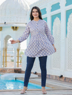 Kaajh Women's Grey Hand Block Printed Cotton Top