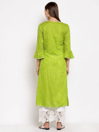 Myshka Women's Green Cotton Printed Full Sleeve Round Neck Casual Dress