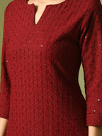 Myshka Women's Maroon Embroidered Cotton Straight Party Kurta Set