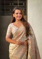 Yellow Pashmina Silk Wevon Kashmiri Meenakari Designer Saree with Unstitched Blouse - Vandini