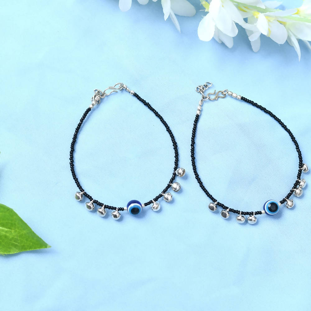 Mominos Fashion Kamal Johar Nazariya Silver/Black Anklets