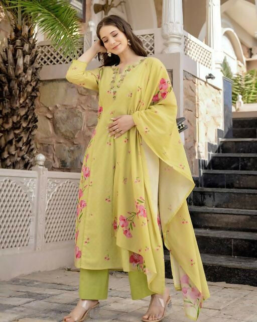 The52 Lemons Women's Beautiful Chanderi Fabric Printed Work Straight Kurta Pant and Dupatta Set - Distacart