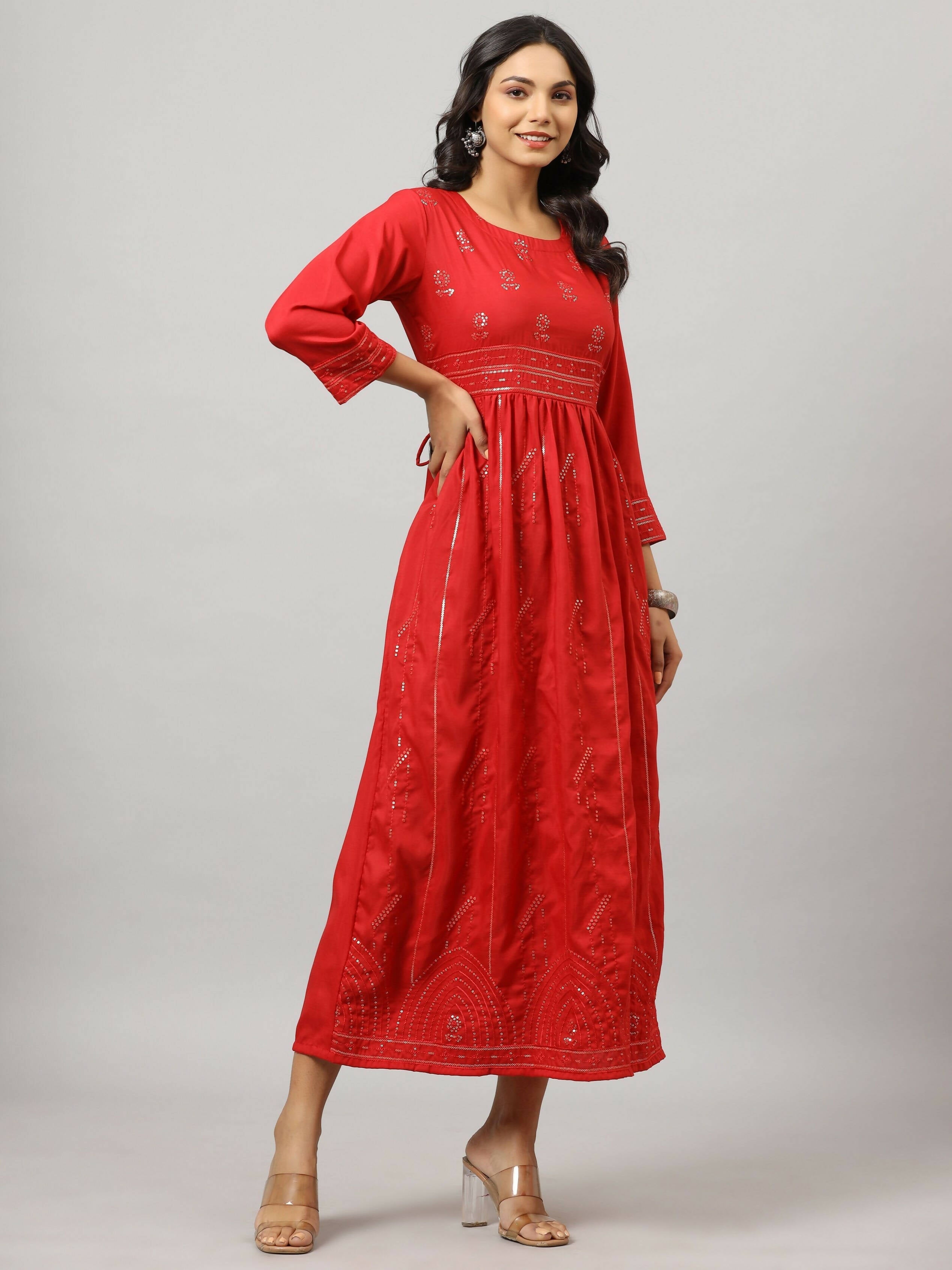 Juniper Women's Red Festive Printed Flared Dress - Distacart