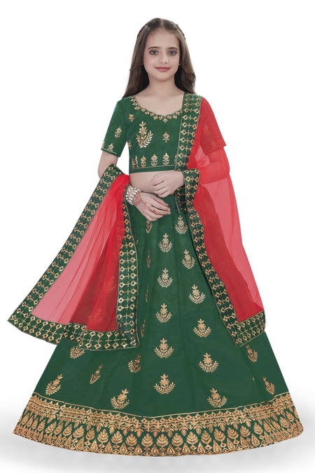 Dwiden Green Kamal Tafetta Sattin Semi-Stitched Girl's Lehenga Choli