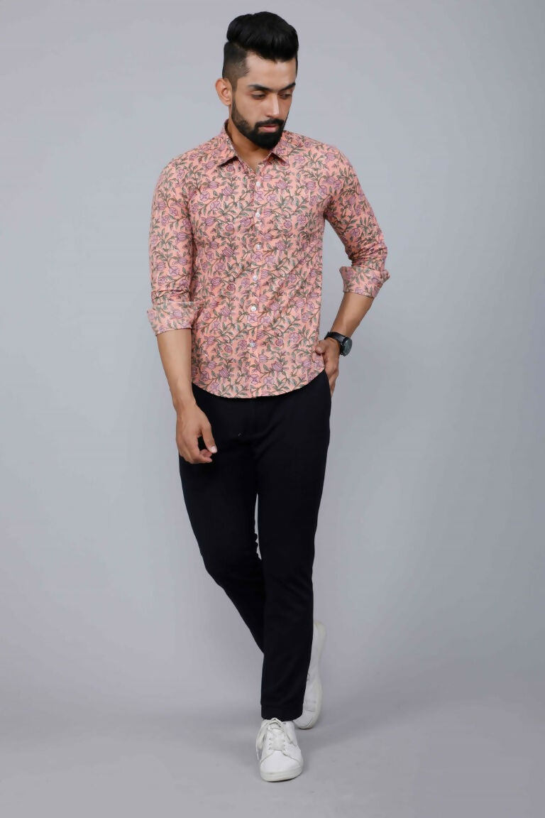 Miravan Men's Orange Printed Full Sleeve Cotton Shirt