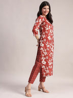 Aavyora Women Maroon Floral Printed Kurta with Printed Pants & Dupatta Set