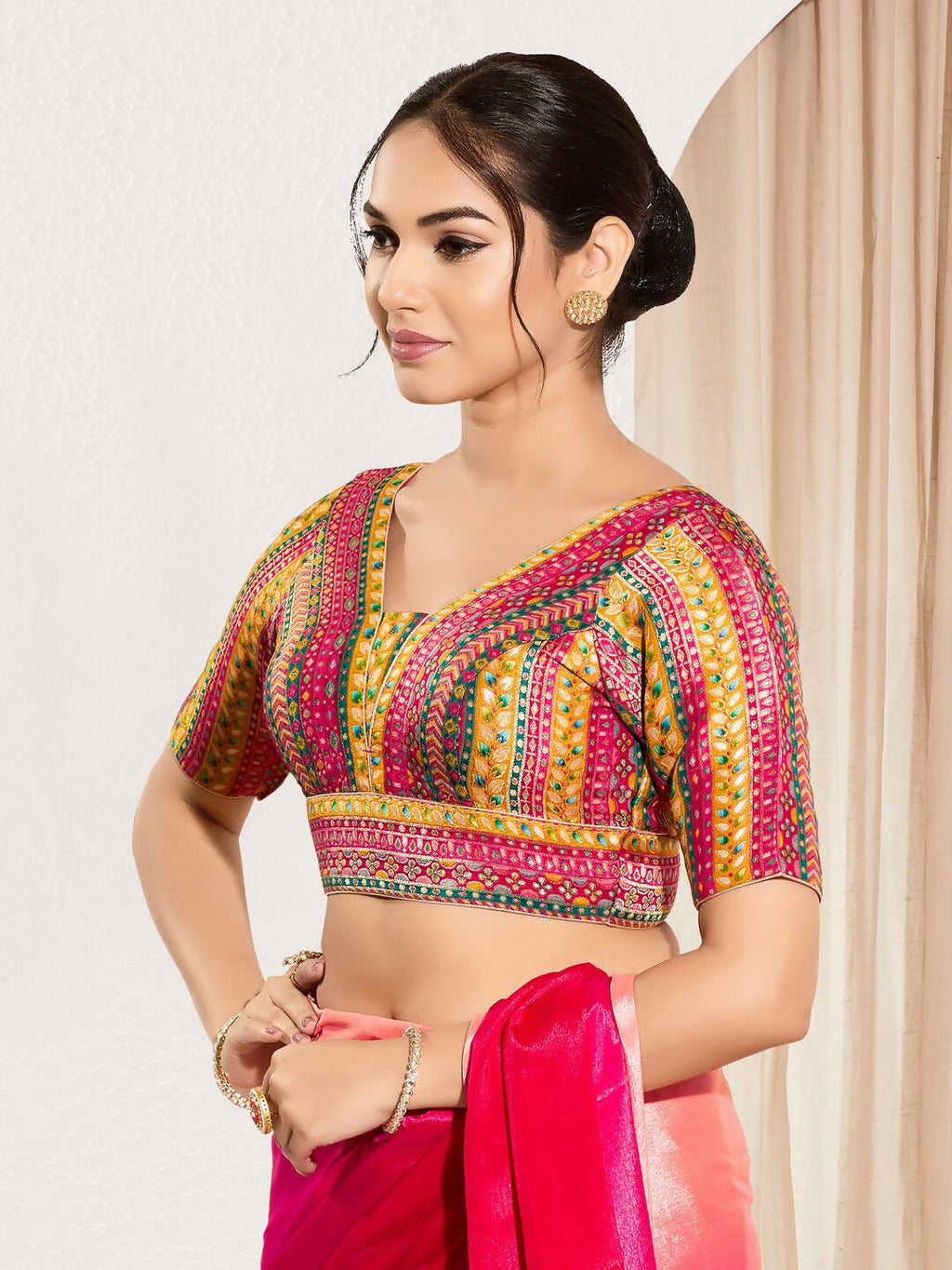 Joban Fashion Pink Multi Brocade Padded Blouse With V Neck Elbow Sleeves - Distacart