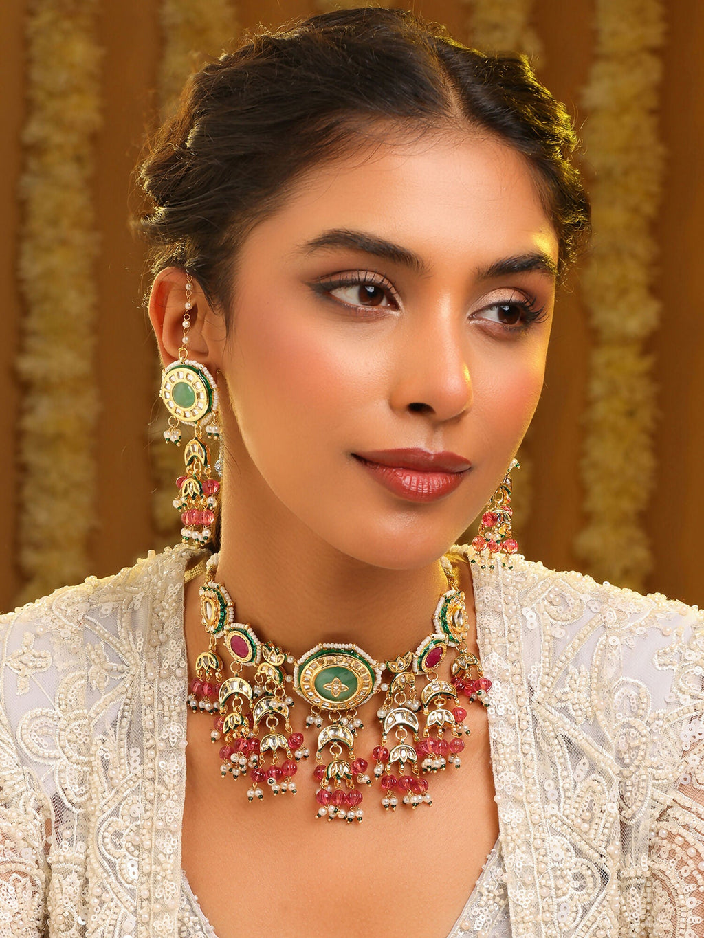 Ruby Raang Kundan Emerald Bloom Necklace With Matching Earrings
