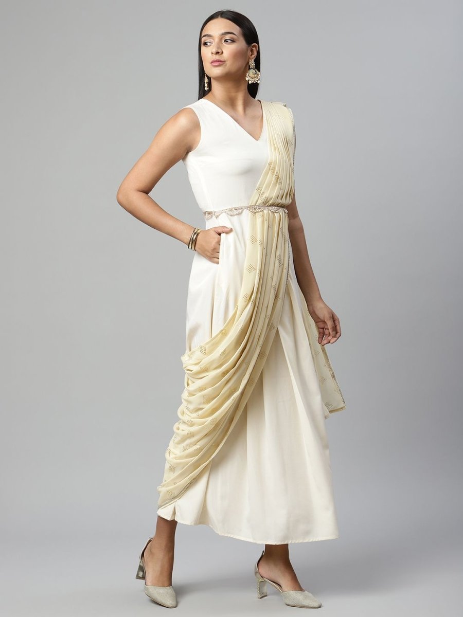 Ahalyaa Women Off White Crepe Georgette Saree Dress With Printed Pallu - Distacart