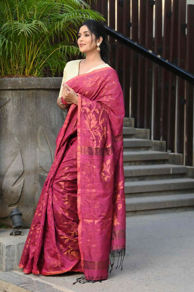 Beatitude Pink Cotton Floral Jamdani Saree