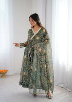 Teeya Creation Green Soft Organza Digital Printed Functional Wear Trending Long Gown - Distacart