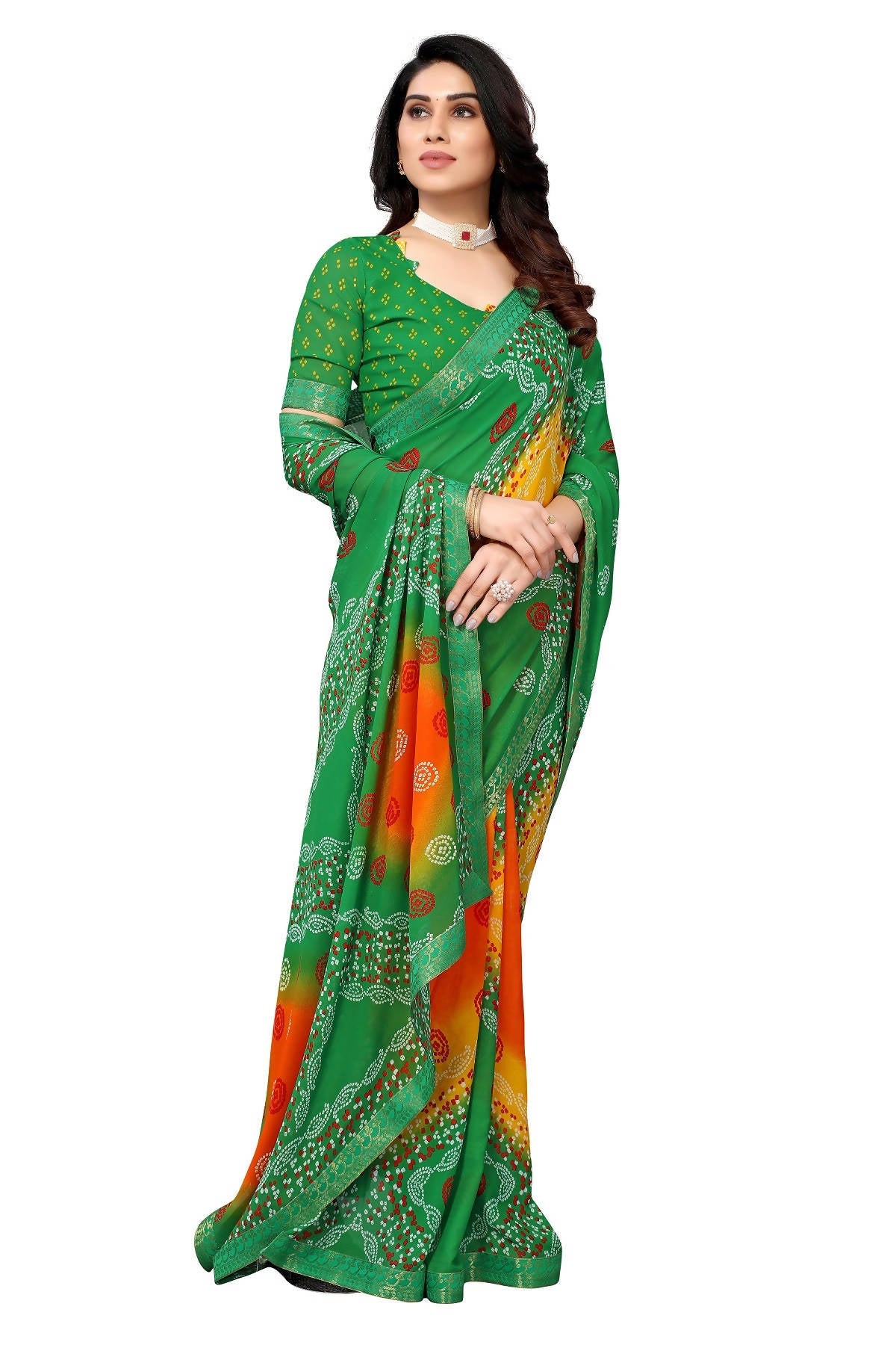 Vamika Beautiful Ethnic Fire Green Printed With Lace Saree - Distacart