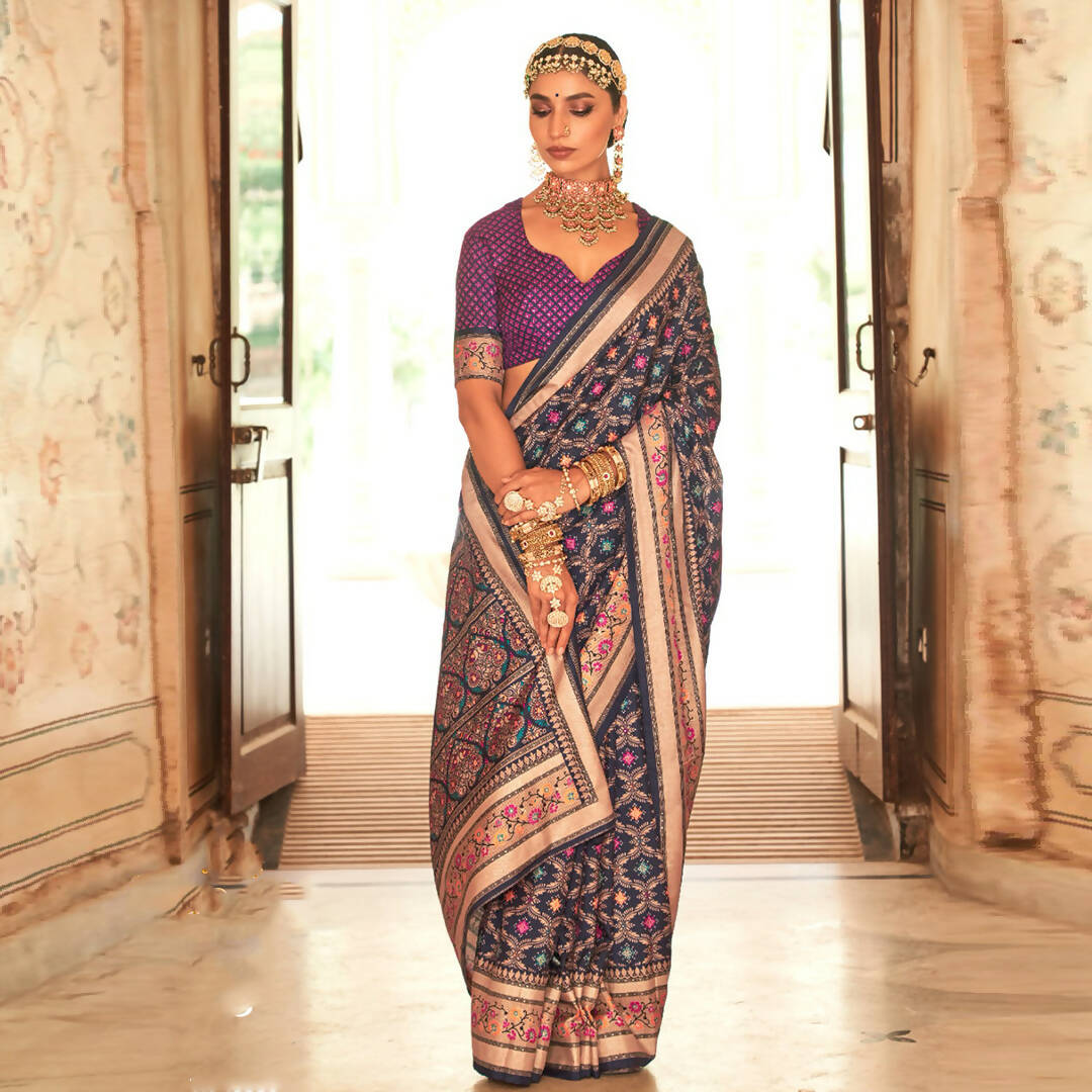 Dark Blue Silk With Banarasi Print Work Saree - Trirath Yamuna
