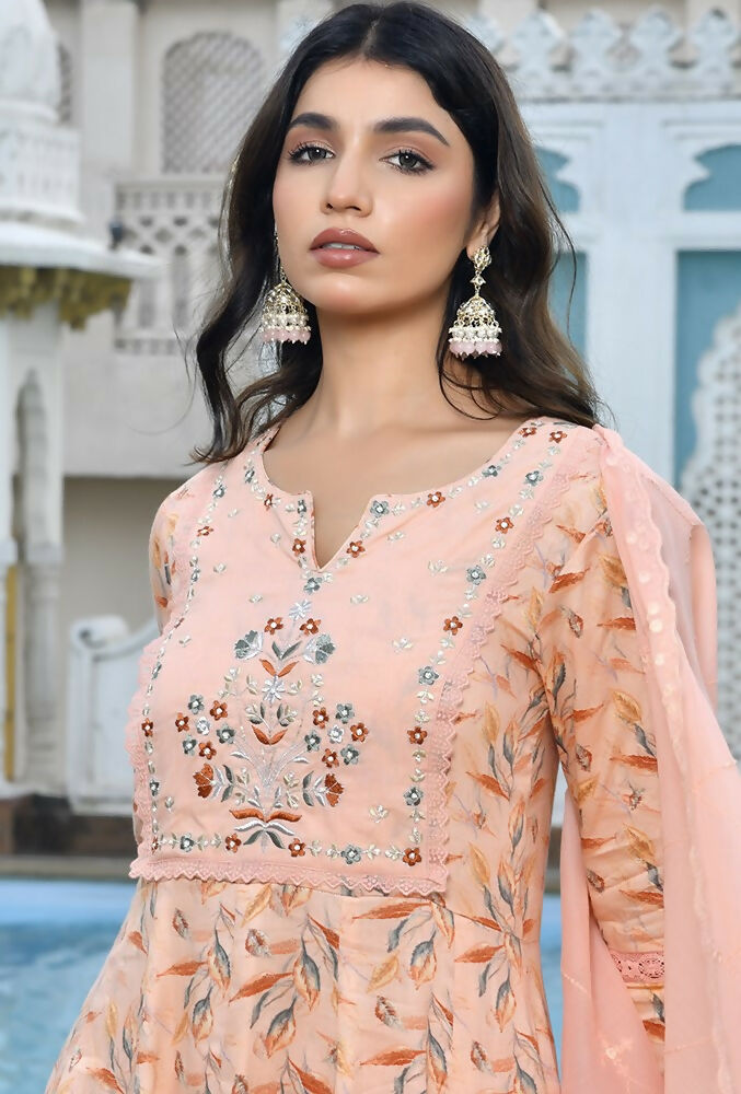 Vaasva Women's Peach Cotton Anarkali Set With Solid Pant And Embroidered Dupatta
