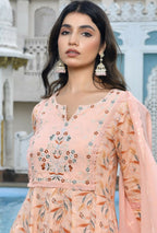 Vaasva Women's Peach Cotton Anarkali Set With Solid Pant And Embroidered Dupatta