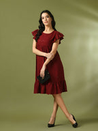 Myshka Women's Maroon Embroidered Cotton Round Neck A-Line Party Dress - Distacart