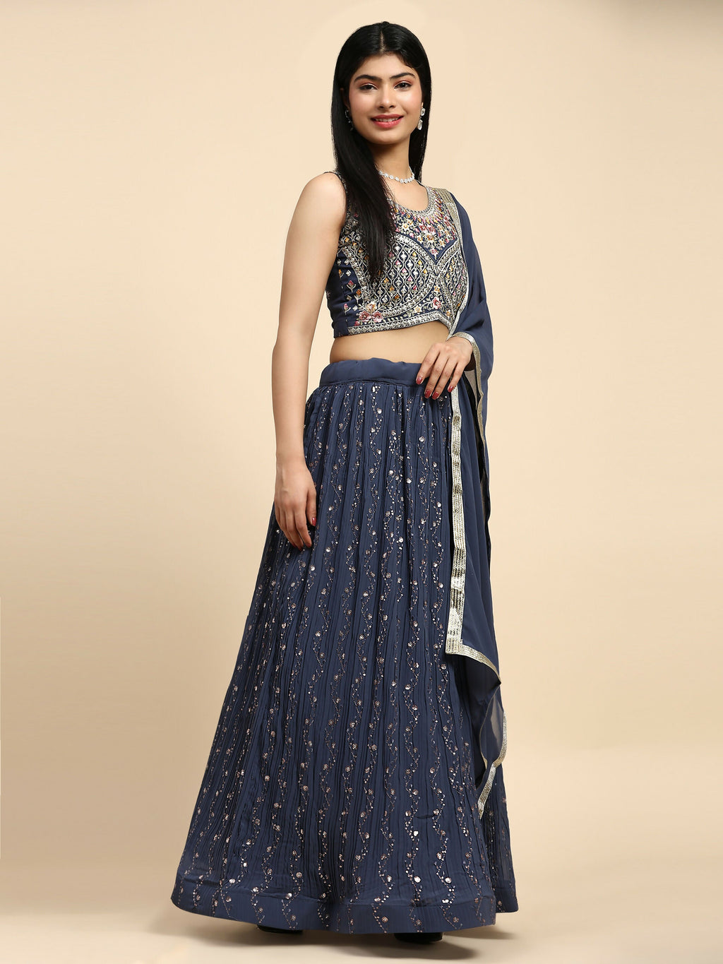 Dark Grey Georgette Embroidered Lehenga choli with Dupatta - Dhara