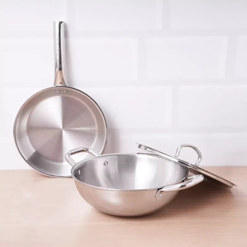 The Indus Valley TurboCuk Tri-ply Stainless Steel Cookware Set: 3L Kadai with Lid + 1.4L Fry Pan, Premium Quality, 3 Layer Thick Body, 100% Toxin-free, Non-stick, Induction & Gas - Distacart