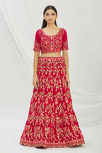 Red Velvet Semi-Stitched Wedding Bridal Lehenga - Nimaya